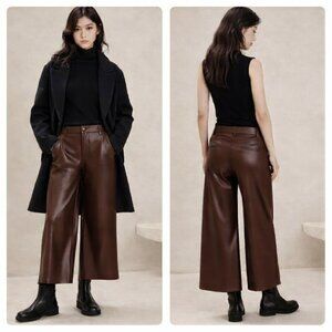 NWOT Banana Republic Fac. Vegan Leather Cropped Wide-Leg Pant Brown, S 32/14